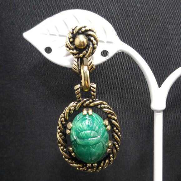 Vintage Peking Glass Scarab Beetle Screw-back Earrings, 1950's, 2 Inches - Picture 2 of 10